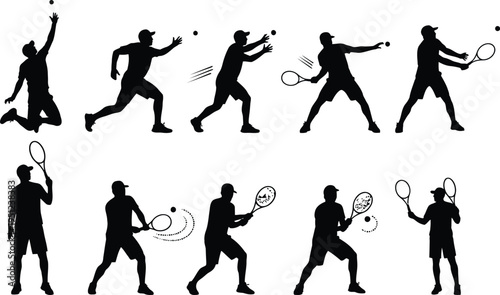 Silhouette of tennis player in various poses during a match action shots and stances