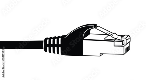 A stark black and white illustration depicts a rj45 ethernet cable connector showcasing its detailed plug and ribbed cable design
