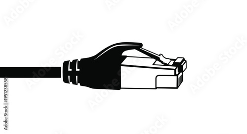 A stark black and white illustration depicts a single rj45 ethernet cable connector in profile view isolated on white high quality