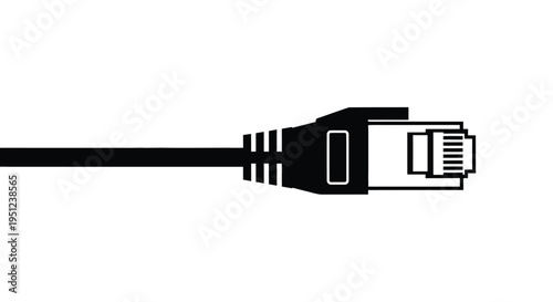 A stark black and white illustration depicts a rj45 ethernet cable connector showcasing its metallic contacts and plastic housing high quality