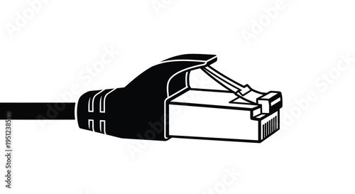 A stark black and white illustration depicts a rj45 ethernet cable connector showcasing its internal wiring and components high quality professional