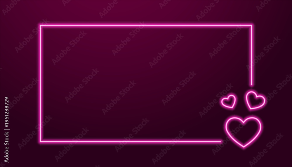 Fototapeta premium Neon frame with hearts on dark pink background.