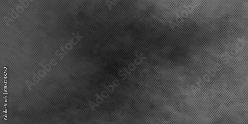 A dark grunge abstract background features a textured black and white smoke pattern swirling over an old vintage gray metal surface with a faint foggy cloud design