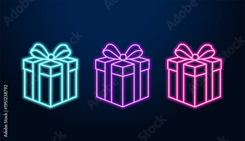 Neon gift boxes set on dark blue background.