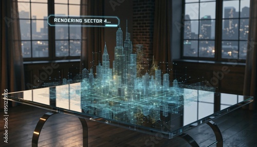 Futuristic cityscape model on glass table in dark room
