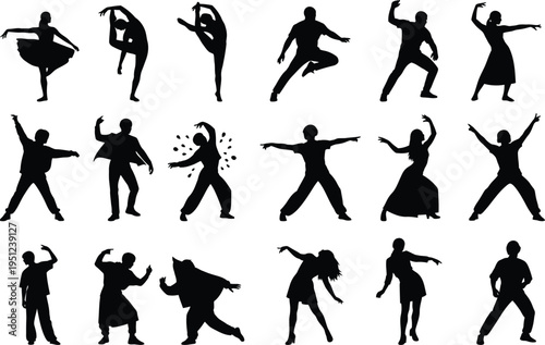 Collection of various dance silhouette poses for dancers and performers in different styles and actions