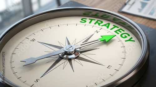 Strategy Compass Interface with Green Direction Arrow Highlighting Strategic Planning, Business Vision, Decision Making, and Organizational Growth Direction