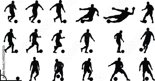 Soccer player silhouette poses various kicking and running stances black silhouettes on white background