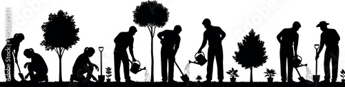 Silhouette of people planting trees and gardening in a park or forest