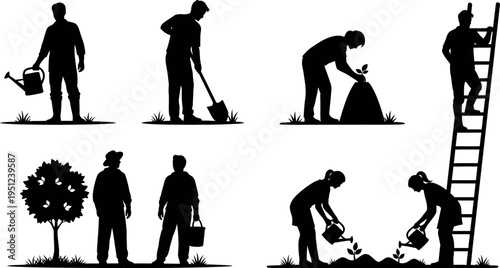 Silhouette of people performing various gardening activities in silhouette