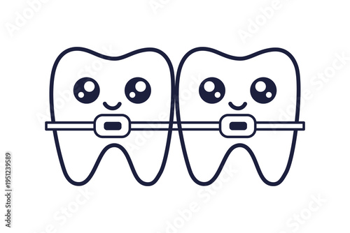 Braces Teeth kawaii characters outline illustration. Alignment of Bite of Teeth. Vector line art icon isolated. Manga style coloring page