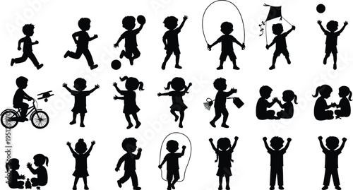 Collection of children playing sports and activities in silhouette