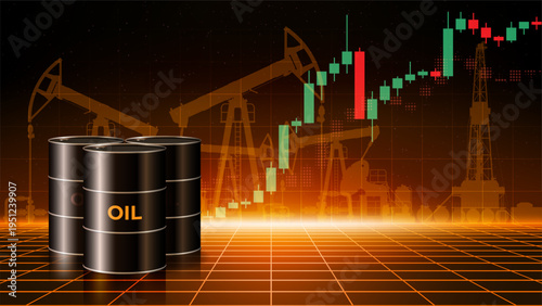 Chart of oil price growth per barrel. Crude oil barrels on dark abstract desert background. Analysis of the growth global energy markets. Investment strategies. Market review. Vector illustration