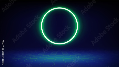 Futuristic stage blue background. Room illuminated by circular white green neon, modern led halo spotlight, grid floor. Backdrop for displaying products, presentation, advertising. Showcase. Vector