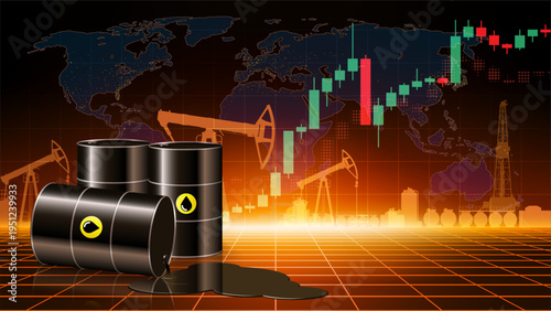 Chart of oil price growth per barrel. Crude oil barrels on dark abstract desert background. Analysis of the growth global energy markets. World market review. Investment strategies. Vector