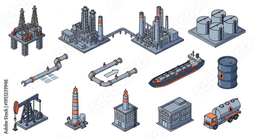 Isometric Oil and Gas Industry Assets Pixel Art Collection.