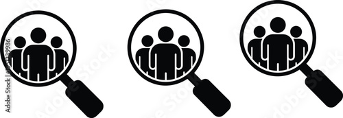 human resources search icon set, magnifying glass with people symbol, recruitment hiring and team analysis icons vector collection
