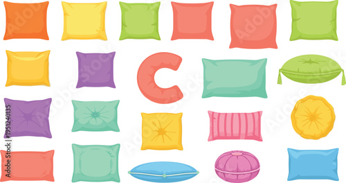 Colorful decorative pillows collection with square round crescent shapes buttons tassels stitched patterns home interior design cushion set illustration flat vector