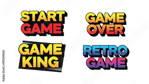 Colorful retro game typography displaying start game over king and game text