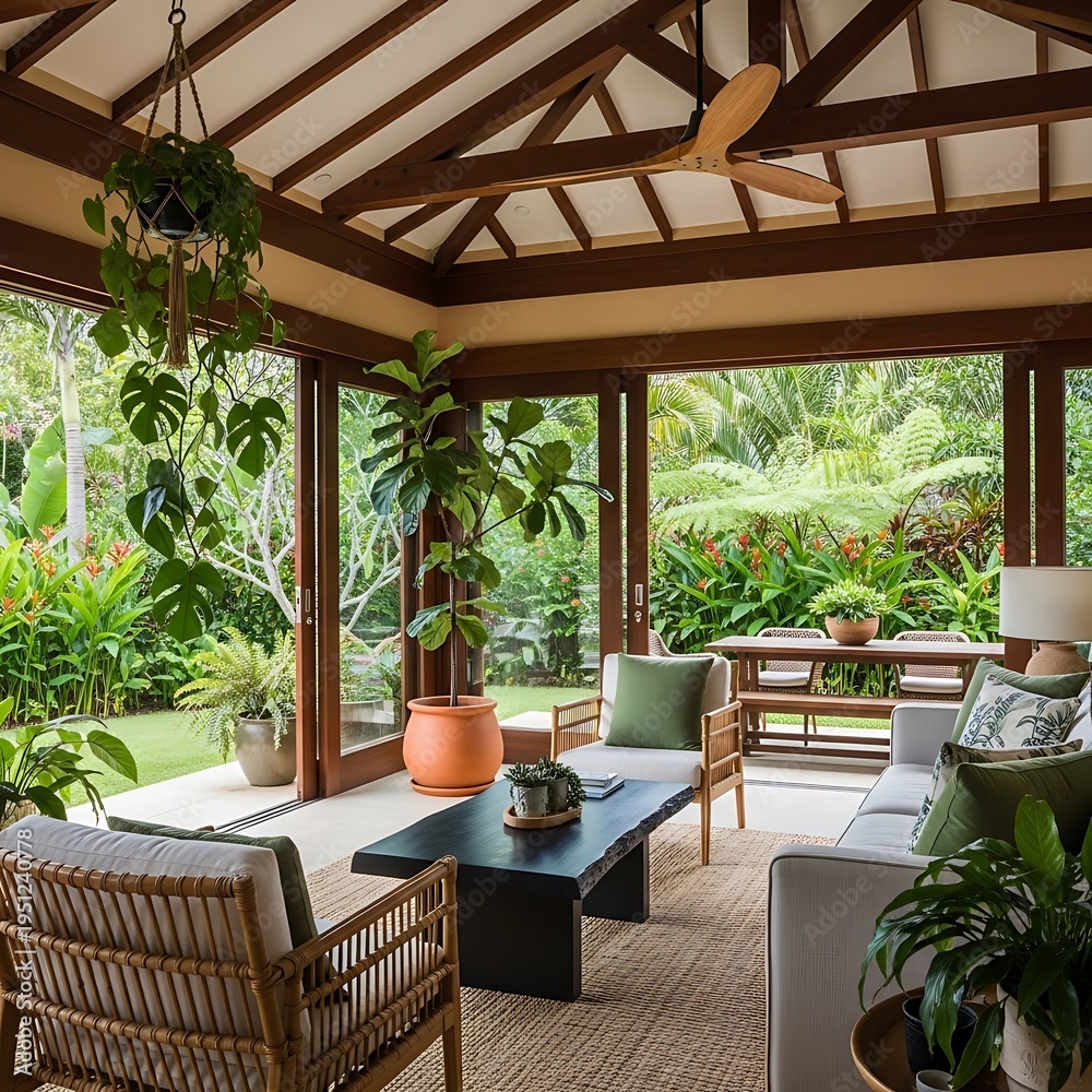 Fototapeta premium Tropical Sunroom Oasis with Lush Greenery and Modern Furniture.