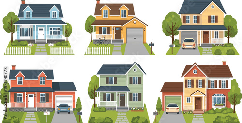 Suburban Family Houses Collection with Modern and Classic Residential Homes, Detailed Exterior Architecture for Real Estate, Neighborhood and Urban Design Projects