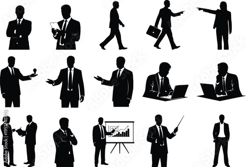 Collection of business professional silhouette icons in various poses and actions