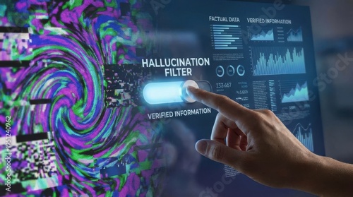 Hand adjusting hallucination filter on digital data visualization screen with verified information