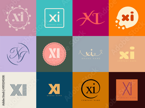 XI logo company template. Letter x and i logotype. Set different classic serif lettering and modern bold text with design elements. Initial font typography.