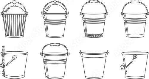 Bucket and pail icon set featuring galvanized metal buckets, plastic utility containers, gardening pails, construction buckets, and cleaning tool illustrations.