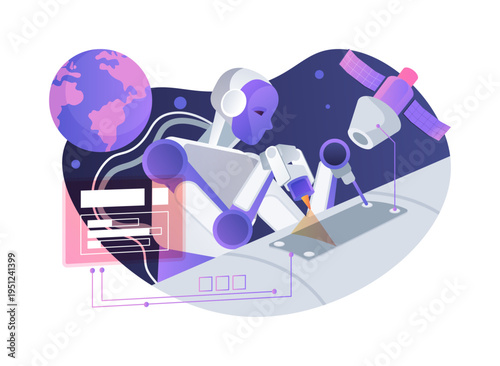 Robotic Space Walker abstract concept vector illustration.