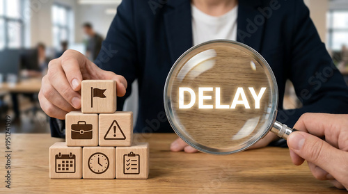 Project delay management concept with magnifying glass highlighting delay and wooden blocks showing briefcase warning calendar clock and checklist