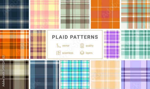 Seasonal plaid pattern set inspired by womens casual style. Suitable for dresses, shirts, and layering pieces. Seamless vectors maintain consistency.