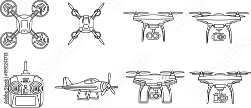 Drone and RC aircraft vector illustration set, featuring quadcopters with cameras, remote controllers, and small airplane models for aerial photography projects.
