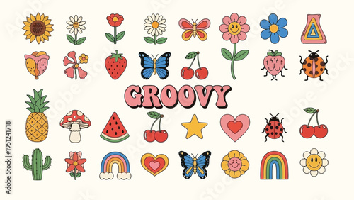 A colorful collection of retro floral fruit and insect illustrations with a groovy aesthetic