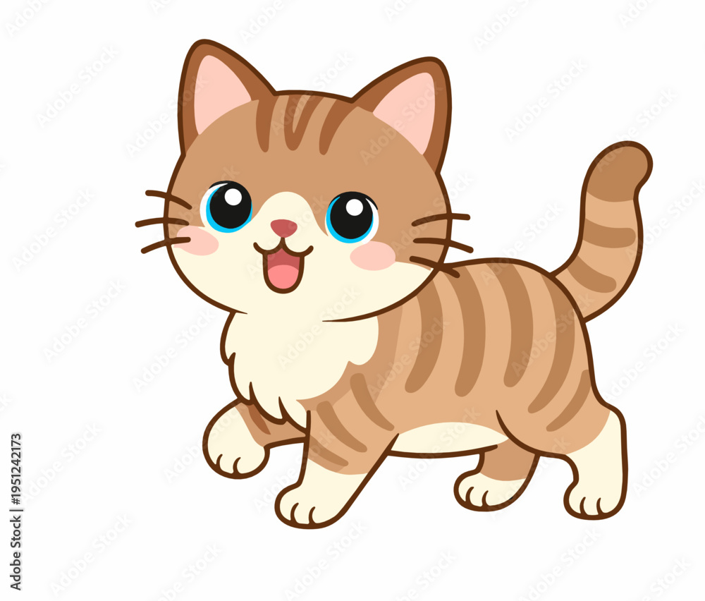 Obraz premium Adorable ginger tabby cat standing with a happy smile and striped fur. Cute pet mascot illustration in flat vector style, perfect for kids, stickers and animal-themed designs.