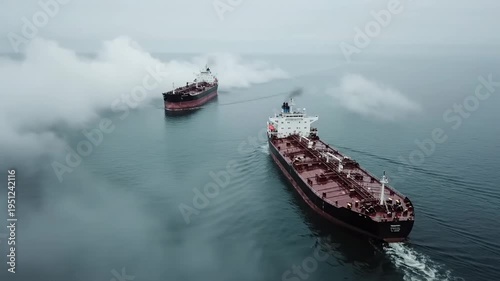 Two large cargo ships navigating through foggy waters, showcasing the gradual approach and movement of vessels across the serene ocean landscape