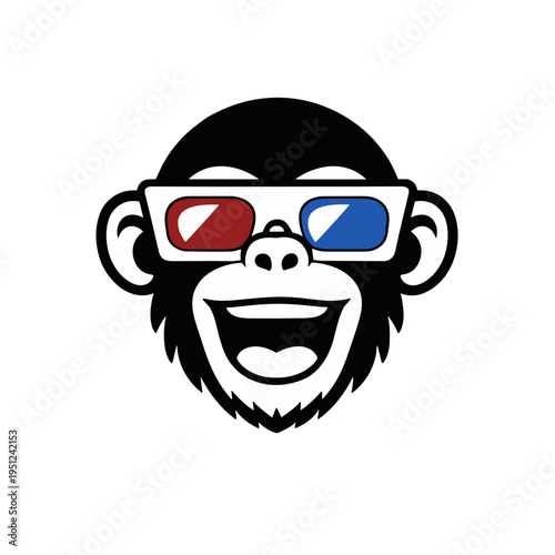 Happy monkey face wearing red and blue 3D glasses in bold black vector style. Cinematic mascot icon for movie clubs, streaming channels, entertainment branding and fun stickers.