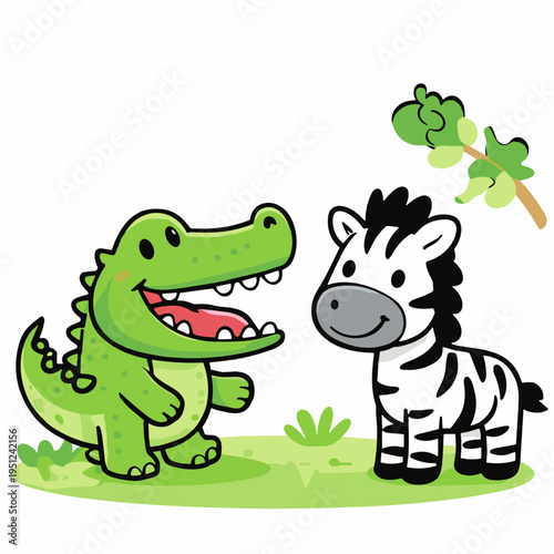 Playful cartoon crocodile and zebra standing together with leaves overhead, presenting an unexpected animal friendship, safari humor and bright child friendly adventure energy.