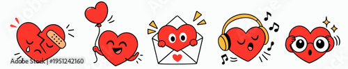 Set of cute heart characters showing bandage, balloon, envelope, headphones and big glasses. Playful love emoji collection for valentine, chat stickers and social media.
