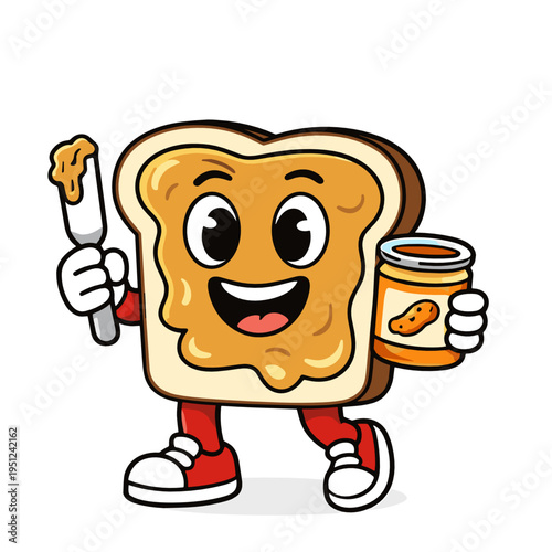 Smiling toast mascot with peanut butter, knife and jar in hands, isolated on light background. Breakfast, snack, spread, comfort food and playful kitchen concept.