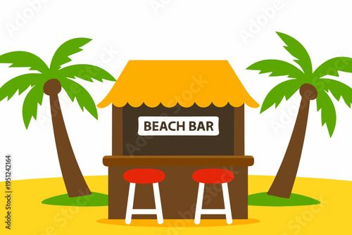 Beach bar with stools under palm trees on sunny tropical shore. Resort nightlife, summer travel and vacation service concept in flat vector illustration.