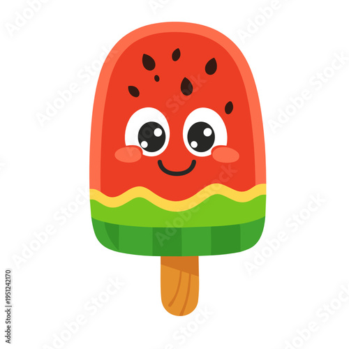 Cute watermelon popsicle with cheerful face and juicy fruit colors. Summer frozen dessert vector for kids products, snack branding, menu art and seasonal promotion designs.