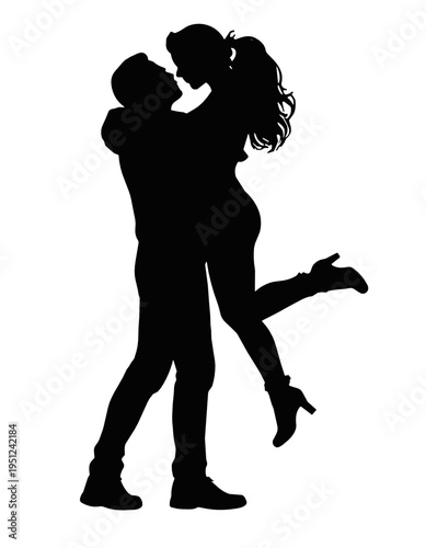 Black silhouette of a joyful kissing couple in embrace with raised leg. Romantic vector for passion, attraction, valentine, wedding and happy relationship concepts.