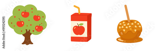 Whimsical flat vector icon set with apple tree, juice carton and burger. Creative food collection blending orchard freshness with fast food and snack branding ideas.