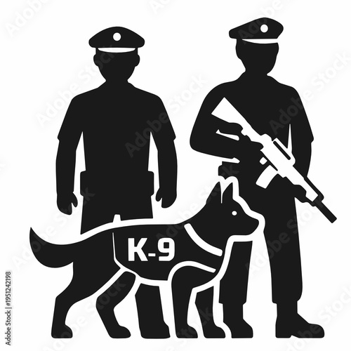 Two armed officers standing with a K9 patrol dog in a strong security pose. Clean silhouette vector for law enforcement, protection, tactical unit, police team, and working canine themes.