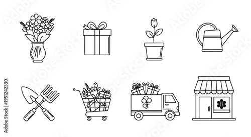 Collection of floral and gardening icons representing various themes and activities Vector
