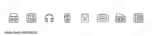 Portable sound system icon set includes cassette player headphones speakers and digital screen vector