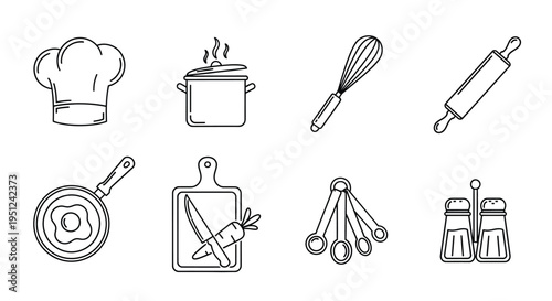 Essential kitchen tools and utensils illustrated in a simple line drawing style Vector