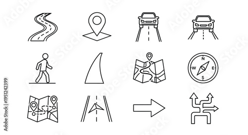 Collection of icons representing navigation and transportation methods Vector