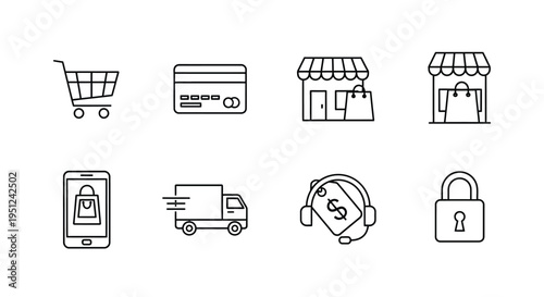 Eight icons representing various aspects of e-commerce and online transactions Vector